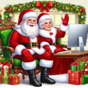Santa and Mrs. Claus on a Zoom call